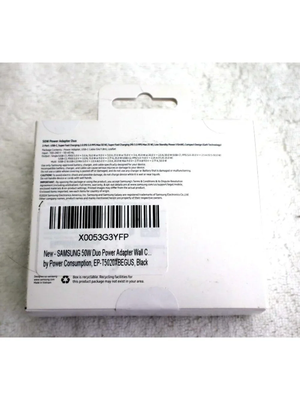 Samsung 50W Power Adapter Duo Low Standby USB-C Cable Fast Charger 5A 1.8m